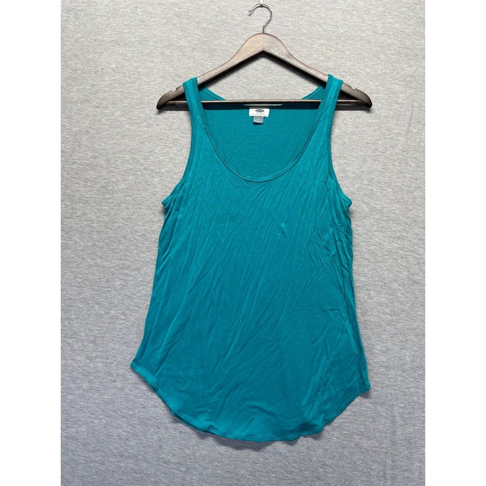 Old Navy Tank Top Womens Medium Teal Blue Rayon Sleeveless Scoop Neck Curved Hem
